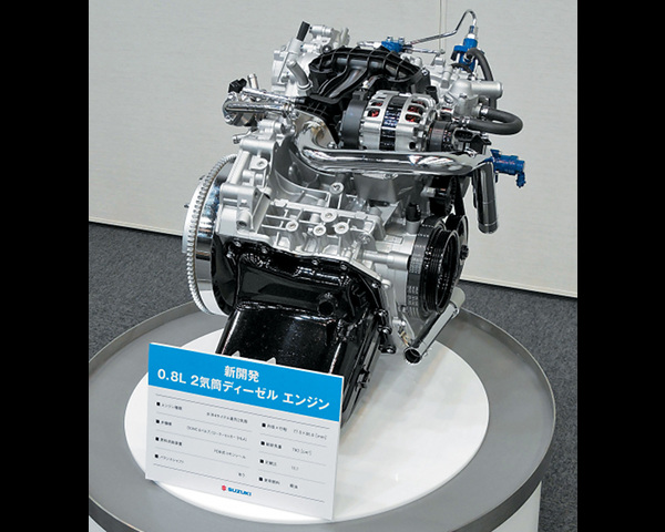 ▲スズキが発表した2気筒ディーゼルエンジン。排気量は793ccで4バルブDOHCとなる