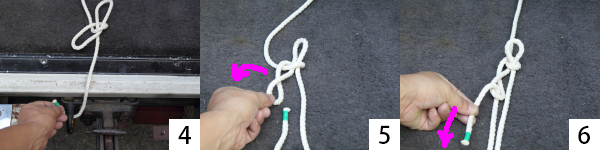 ▲（4）ロープの先端をフックに回します。（5）回してきたロープの先端をBの輪にくぐらせます。その際、Aの輪が抜けないようにするため、Bを左方向（この向きが大事！）にひねって先端を輪の奥から手前に引き抜きます。（6）ロープの先端を下方向にグッと引っ張ります