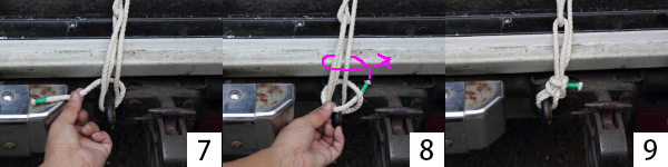 ▲ロープが十分に張れたら（7）先端をフックに通し（8）ロープ全体にロープを2回巻き付ける「ふた結び」などで先端がほどけないように結束して（9）これで完成！　ちなみに（8）の工程で巻いた結び目を解けば簡単にほどけます