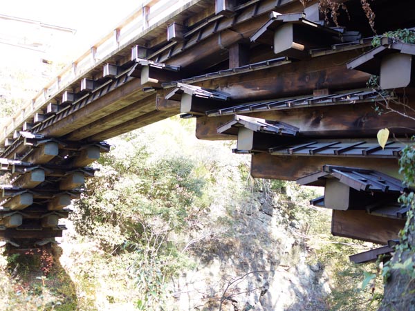 ▲「猿橋」は下から見るべき！　四層のはねぎがテコの原理で橋を支えている。なかなかの大迫力で圧巻！