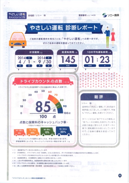 ▲契約者には、「やさしい運転」の診断レポートを発行。急発進や急ブレーキの発生頻度や割合などを分析して知らせてくれる