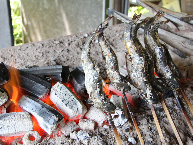 ▲釣った魚をその場で焼いて、すぐ食べる。これ以上の贅沢があるでしょうか？ 繁殖期に虹色の光沢をみせることが名前の由来となった虹色の魚、ニジマスの塩焼きを食べに行ってきた