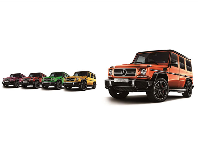 ▲メルセデスAMG G 63 CrazyColor Limited。右からサンセットビーム、ソーラービーム、エイリアングリーン、トマトレッド、ギャラクティックビームとなります