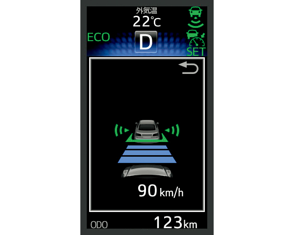 ▲ITS専用周波数（760MHz）を活用したITS Connectが世界初採用。赤信号での待ち時間の目安の表示や、サイレンを鳴らしている緊急車両の方向や距離などの表示もできるそうです