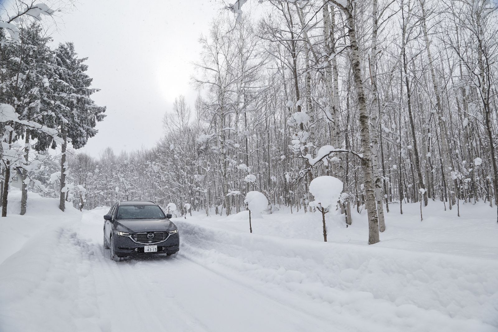 ▲走ったコースは、雪が絶えず降っているためにソフトな圧雪路だったのでスタッドレスタイヤも性能を発揮しやすい