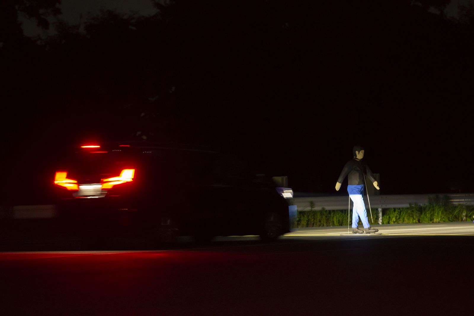 ▲暗い道ではライトを点灯していても歩行者を認識することが難しいこともしばしば