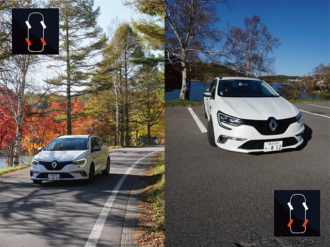 ▲写真はルノー メガーヌスポーツツアラー。60km/h以上で後輪が前輪と同一方向に向けられコーナーを曲がりやすくしてくれる。逆に60km/h未満では後輪が前輪と逆を向くことで、駐車時やUターンの際にサポートしてくれる