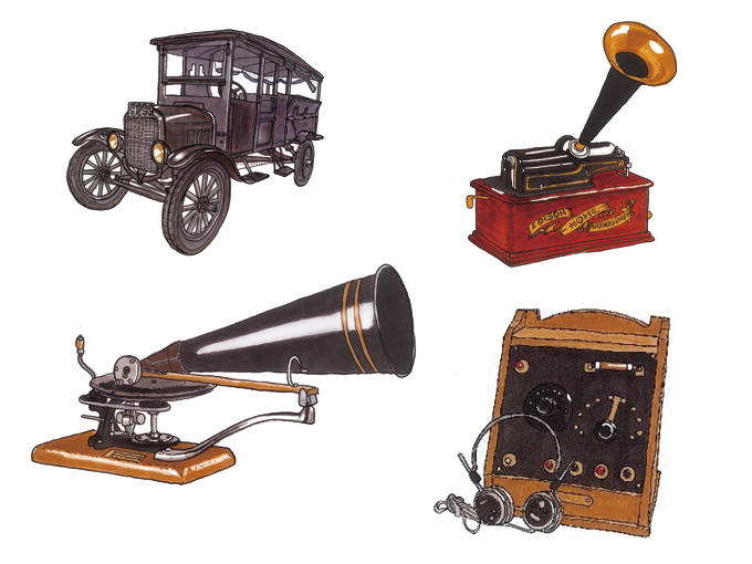 ▲右上から時計回りに、エジソンが発明した世界初の蓄音機「フォノグラフ」、日本初のラジオ受信機（早川金属工業研究所、現シャープ）、ベルリナーが発明した蓄音機「グラモフォン」、震災復興のために導入された円太郎バス（東京市）