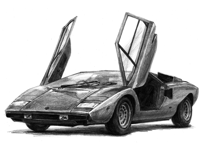 ▲【1974-90 LAMBORGHINI COUNTACH】1974年にLP500として発表され、LP400の名前で市販が開始されたスーパーカーの代名詞的モデル。そのデザイン、コンセプトは現代にまで受け継がれている